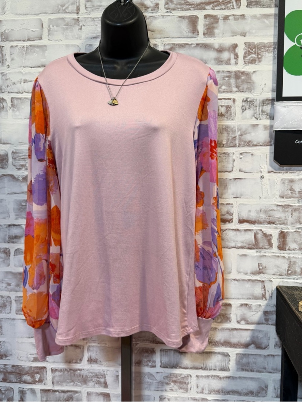 Light Pink Long Sleeve Top with Floral Sheer Sleeves